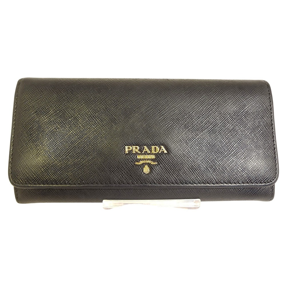PRADA Black SLG Saffiano Leather Flap Long Wallet ID Holder Chain Includes COA